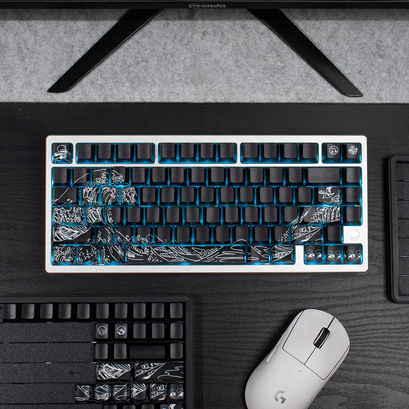 Load image into Gallery viewer, Kanagawa Wave Shine Through Double Shot PBT Cherry Profile Keycap Set (Black)