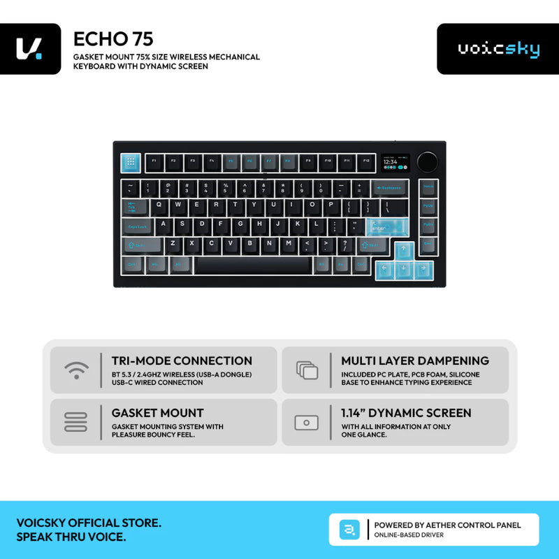 Load image into Gallery viewer, VOICSKY ECHO 75 Black Wireless Mechanical Keyboard (Tri-mode | 1.14" Screen | Multi-Function Knob | AETHER Web Driver)