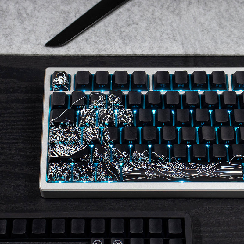Load image into Gallery viewer, Kanagawa Wave Shine Through Double Shot PBT Cherry Profile Keycap Set (Black)
