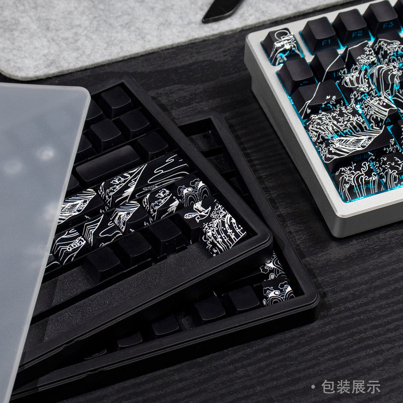 Load image into Gallery viewer, Kanagawa Wave Shine Through Double Shot PBT Cherry Profile Keycap Set (Black)
