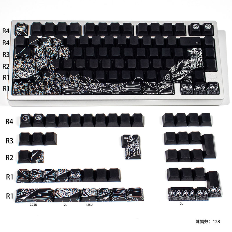 Load image into Gallery viewer, Kanagawa Wave Shine Through Double Shot PBT Cherry Profile Keycap Set (Black)
