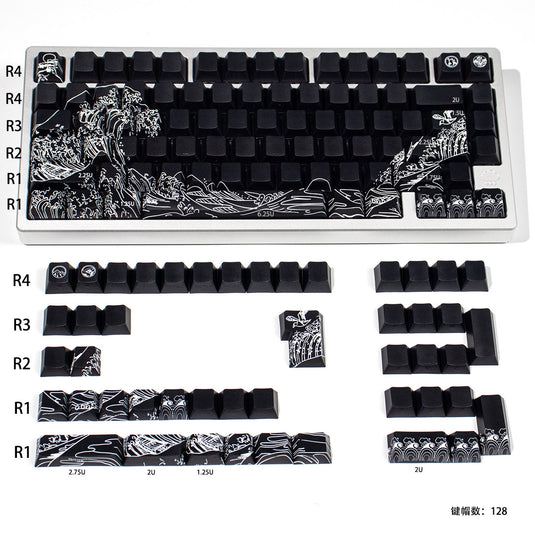 Kanagawa Wave Shine Through Double Shot PBT Cherry Profile Keycap Set (Black)